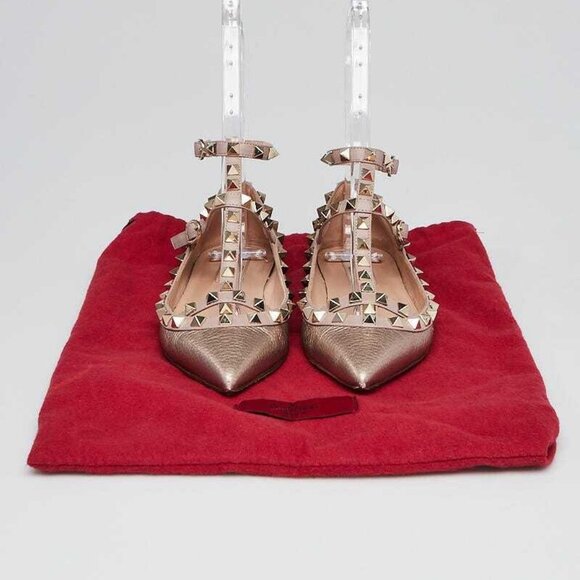 Valentino Metallic Pink Leather Rockstud T-Strap Flats Size 4.5/35 - Picture 5 of 5